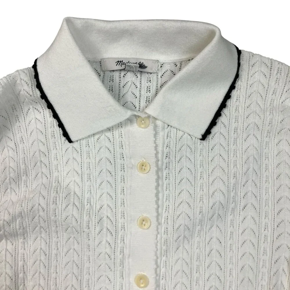 Madewell Cardigan Womens XXS White Ruffle Trim Pointelle Peter Pan Preppy NY455